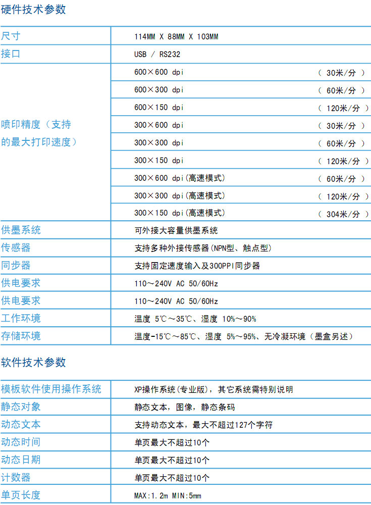 包装喷码机技术参数